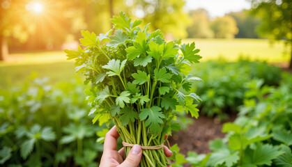 Freshly harvested parsley held in hand against garden backdrop  