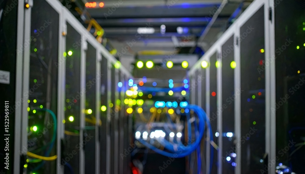 Poster abstract blurred image of a server room with glowing lights and cables. perfect for technology, data