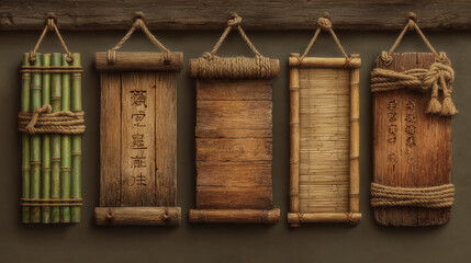 Wooden bamboo sign board frame game ui vector set. Wooden signboard with rope on stick and border isolated tropical illustration. Hawaiian empty menu panel layout for message or notification
