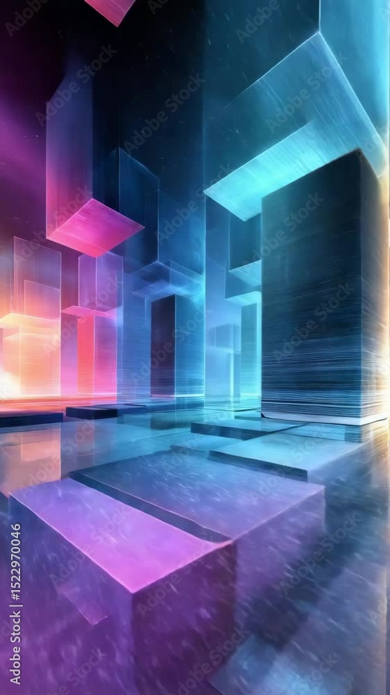 Poster vibrant abstract cityscape with glowing cubes and reflections in a futuristic setting