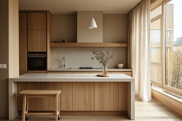 Fototapeta premium Scandinavian kitchen style with minimalist design, wooden cabinets, large window, white pendant light, sleek countertops, flowers. Concept of Scandinavian kitchen style, decor, ideas.