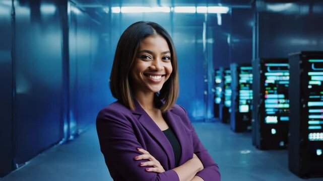 A Smiling woman stands confidently in a server room - Powered by Adobe