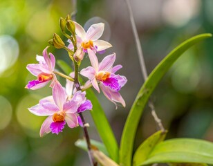 Obraz premium Vibrant pink and purple orchid flowers blooming in lush green foliage.