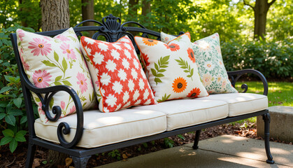 Outdoor bench with colorful floral cushions in a garden setting  