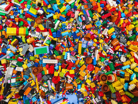NAKHON PATHOM,THAILAND - JANUARY 17 ,2025 : Top view A pile of multicolor of many Lego toy blocks in various shapes and different sizes at Central salaya. Toys and games. Leisure and recreation.