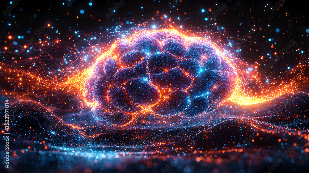 Poster glowing brain shape formed by sparkles with digital connectivity concept