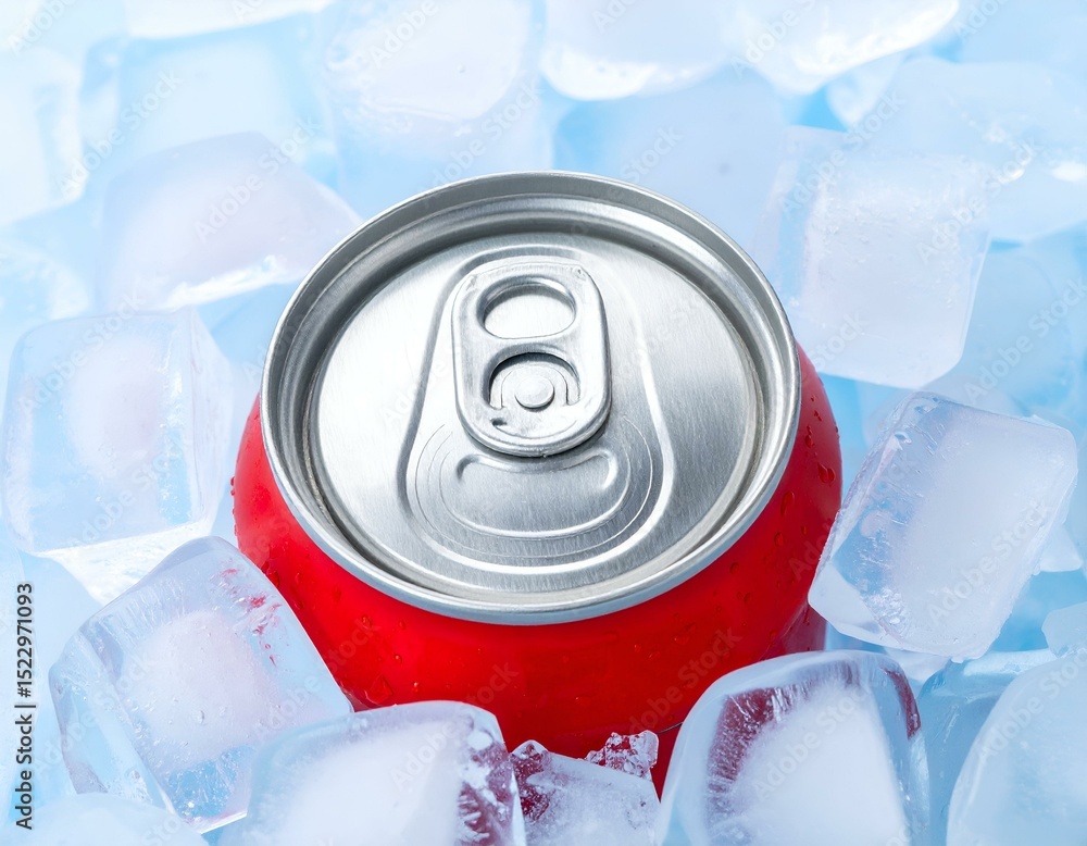 Poster close-up of a red soda can nestled in ice cubes. perfect for refreshing beverage concepts.