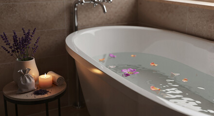 Lavender sachet near tub with flowers and candle in modern bathroom  
