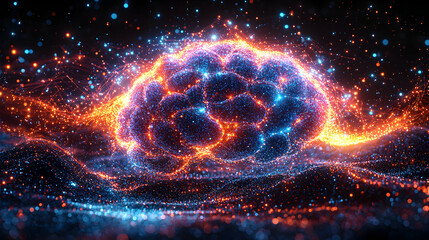 Obraz premium Glowing Brain Shape Formed by Sparkles with Digital Connectivity Concept