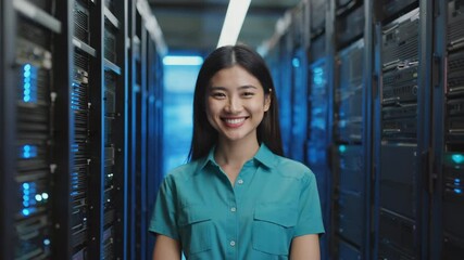 A smiling woman standing in a server room, surrounded by tech equipment. The woman looks directly at the viewer, with a warm and confident expression. The image is well-lit. - Powered by Adobe