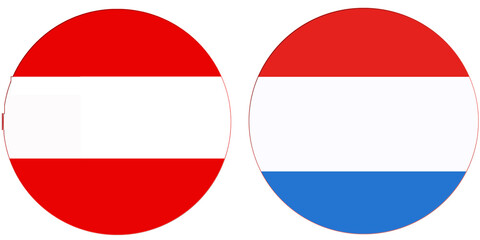 Obraz premium Austria Official flag with Luxembourg national flag, both countries flags in Round shape and isolated on white background Circular colorful design Flag with together.