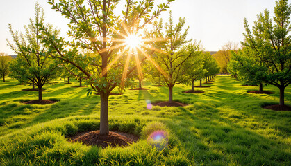 Sun shining through trees in green orchard during spring season  