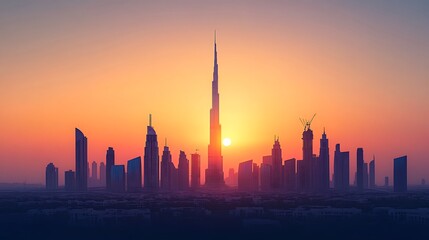 Obraz premium Silhouette of a city skyline at sunrise.