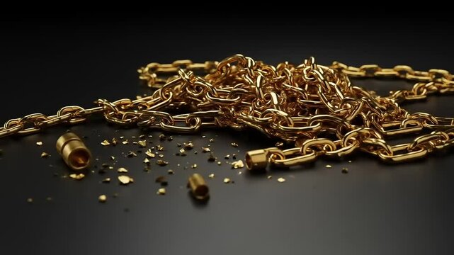 A tangled heap of shiny gold chains and broken links scattered on a dark surface, emphasizing luxury