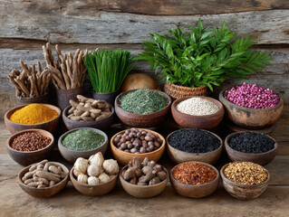 Vibrant display of various spices and herbs arranged in wooden bowls, showcasing rich assortment of colors and textures. natural setting enhances organic feel of these culinary ingredients