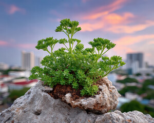 Vibrant green plant growing on rocky surface against colorful sunset sky, showcasing resilience and beauty in nature. urban background adds depth to scene