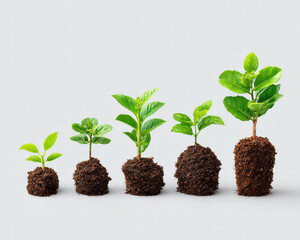 Growing plants in various stages of development symbolize journey of growth and nurturing. Each plant showcases vibrant green leaves and rich soil, representing life and potential