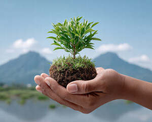 Hand holding small plant with green leaves, symbolizing growth and environmental care, set against backdrop of mountains and serene landscape