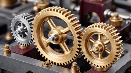 Intricate gears made of brass and steel, showcasing precision engineering and craftsmanship. gears are arranged in mechanical assembly, highlighting their functional design and aesthetic appeal
