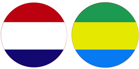 Obraz premium Netherland Official flag with Gabon national flag, both countries flags in Round shape and isolated on white background Circular colorful design Flag with together.