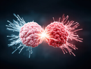 Vibrant illustration of two colliding particles, one pink and one red, surrounded by energetic sparks and light effects, symbolizing energy and interaction