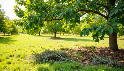 Lush green park with trees and fallen branches in bright sunlight  