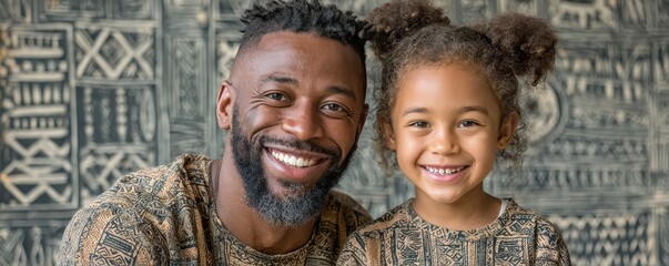 A smiling man and young girl wearing matching patterned clothes, with a decorative geometric background.