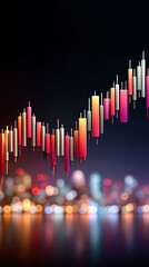 Vibrant financial chart displays colorful candlestick patterns against blurred city skyline at night, symbolizing market trends and investment opportunities