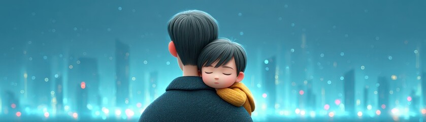 A child peacefully sleeps on an adult's shoulder, set against a glowing cityscape backdrop at night.