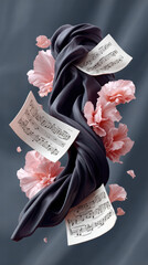 Beautiful composition featuring flowing fabric intertwined with musical sheets and delicate pink flowers, creating harmonious blend of art and nature. scene evokes sense of creativity and elegance