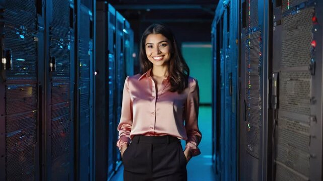 Confident woman standing inside a server room, smiling and holding a hand in her pockets
