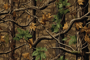 Vector camouflage design. Seamless pattern. Hunting camouflage pattern. Real tree hunting camo. Digital camouflage. Forest background. Jungle texture. Abstract