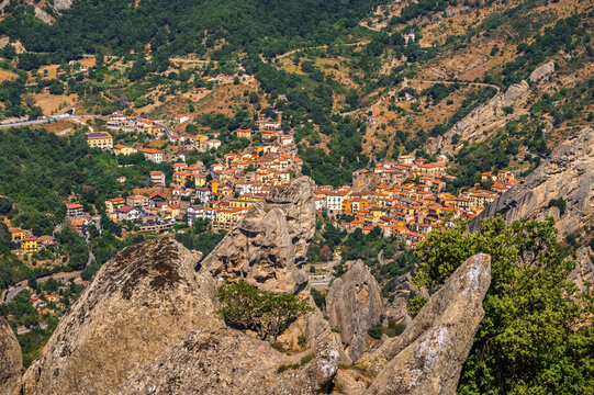 front view of the village of Castelmezzano from the Pietrapertosa Saracen Castle, Dolomiti Lucane, Potenza province, Basilicata