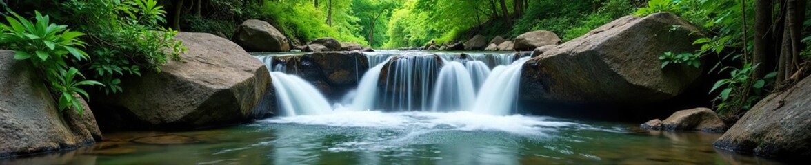 Serene cascading waterfall flowing into a crystal-clear creek, surrounded by lush green foliage and smooth rocks Perfect for nature, travel, and environmental themes , woods, tranquil