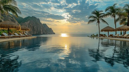 Tranquil infinity pool overlooking a breathtaking sunset coastal resort
