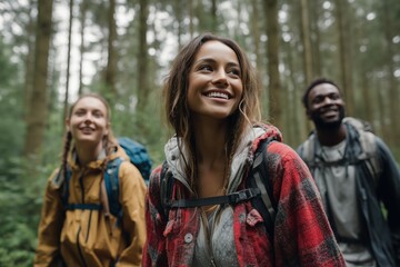 Fototapeta premium Full body shot of diverse, multiethnic friends hiking in a forest together.