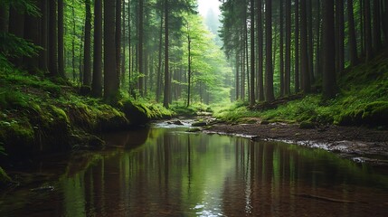 Fototapeta premium Tranquil forest stream reflecting lush greenery.