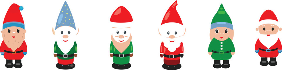 Collection of Cute Cartoon Christmas Gnomes in Different Outfits and Hats