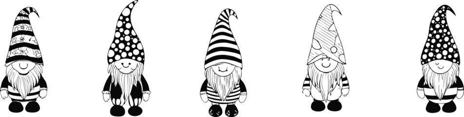 Five Black and White Gnomes with Patterned Hats and Long Beards