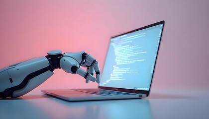 Artificial Intelligence Robot Typing on Laptop in Futuristic Workspace