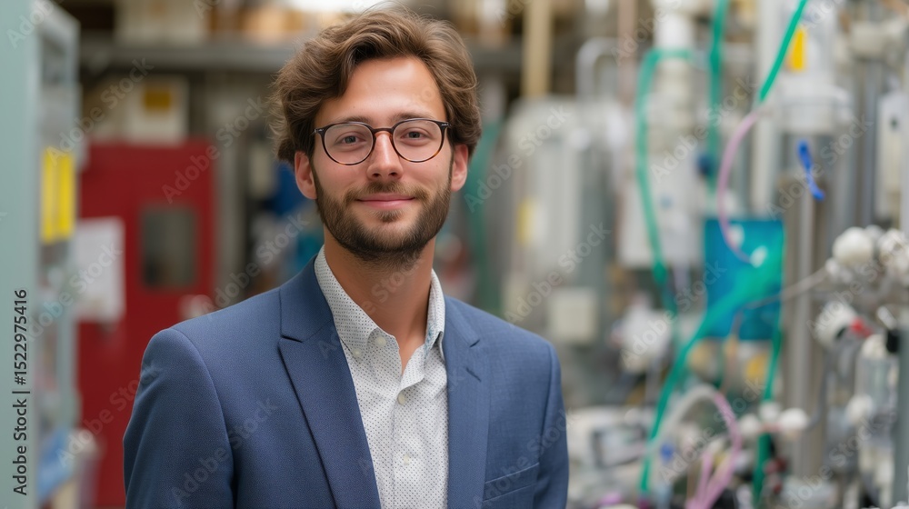 Poster young professional in a lab setting focuses on research and innovation in a technology-driven enviro