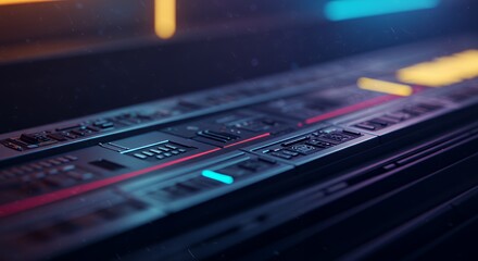 Futuristic Circuit Board with Neon Lights and Detailed Components.