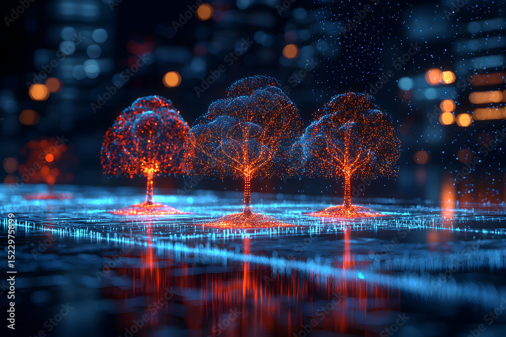 Poster three glowing trees on digital landscape with reflections and bokeh