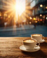 Obraz premium Coffee break cozy vibe. Sunlit Modern Cafe Scene with Two Latte Art Cups on Wooden Table Overlooking a City Street