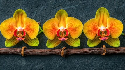 Fototapeta na wymiar Three vibrant orchids on a branch against a dark backdrop