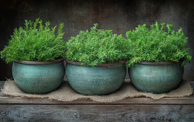 Three potted herbs atop a rustic, wooden surface