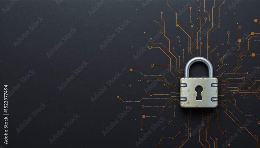 Poster enhanced cybersecurity, padlock securing digital circuit board symbolizing data protection and acces