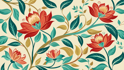 Seamless Floral Pattern with Vintage Lotus and Leaves Design