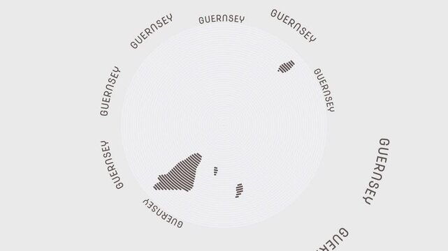 Guernsey shape with dynamic circles visual effect. Animation of Guernsey logo appearing from rotating rings and country name around the shape. Intro, opening, closing, logo video.