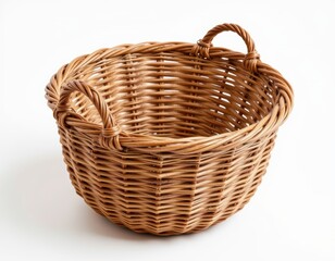 Obraz premium Empty wicker basket isolated on white background, rustic woven texture for storage and decor